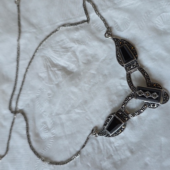 Post 1940's Vintage onyx & marcasite necklace art deco 925. A REAL BEAUTY! - Picture 2 of 13
